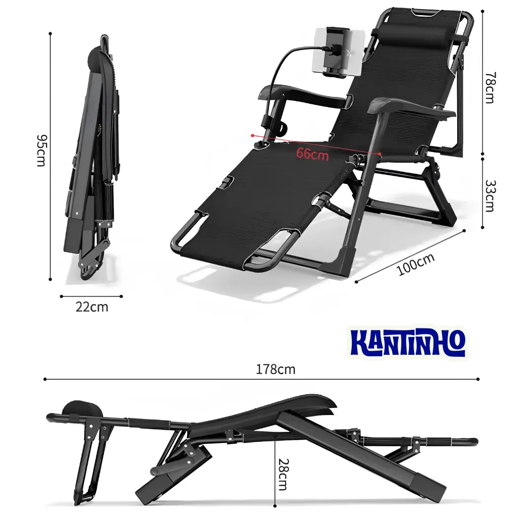 Cadeira Espreguiçadeira Dobrável Reclinável Jardim Praia Piscina 15 Posições 300kg Portátil - Ferro · Branco - Imagem 6